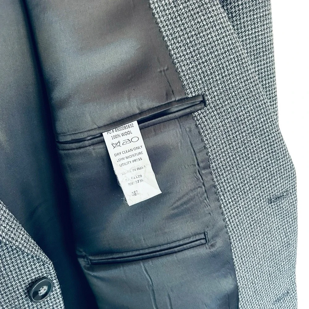 Calvin Klein 48L Gray Black Houndstooth Wool Blazer 2 Button Double Vent Sport
